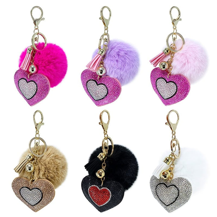 Pompom Keychain with Rhinestone Heart Charm