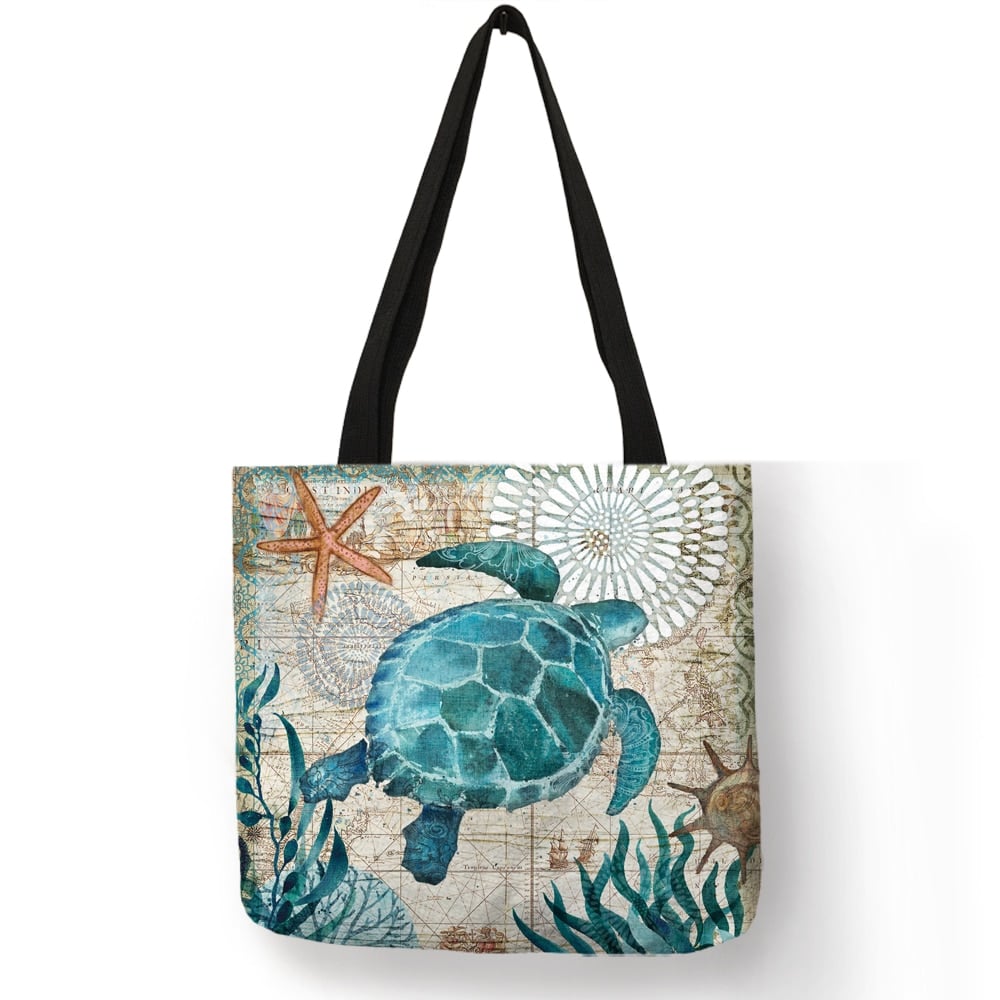 Sea Themed Printed Linen Shopper Shoulder Bag