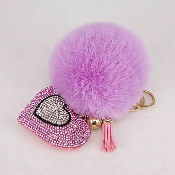 Pompom Keychain with Rhinestone Heart Charm