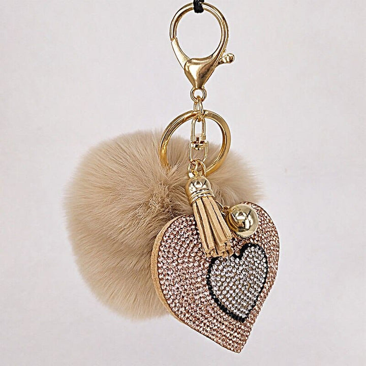 Pompom Keychain with Rhinestone Heart Charm