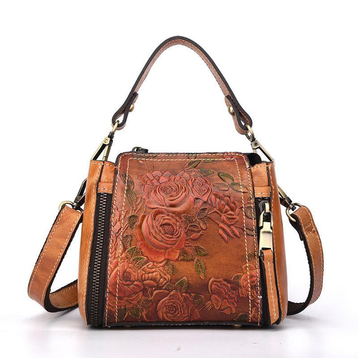 Fashionable Leather Vintage hand embossed handbag with shoulder inclined water bucket - MRSLM