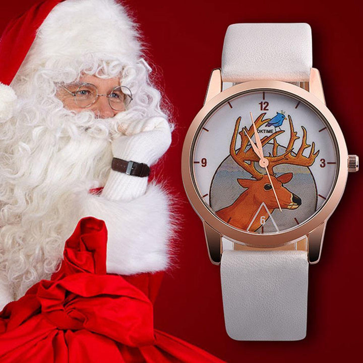 Fashion Christmas Deer Faux Leather Band Quartz Analog Wrist Watch Student Gift - MRSLM