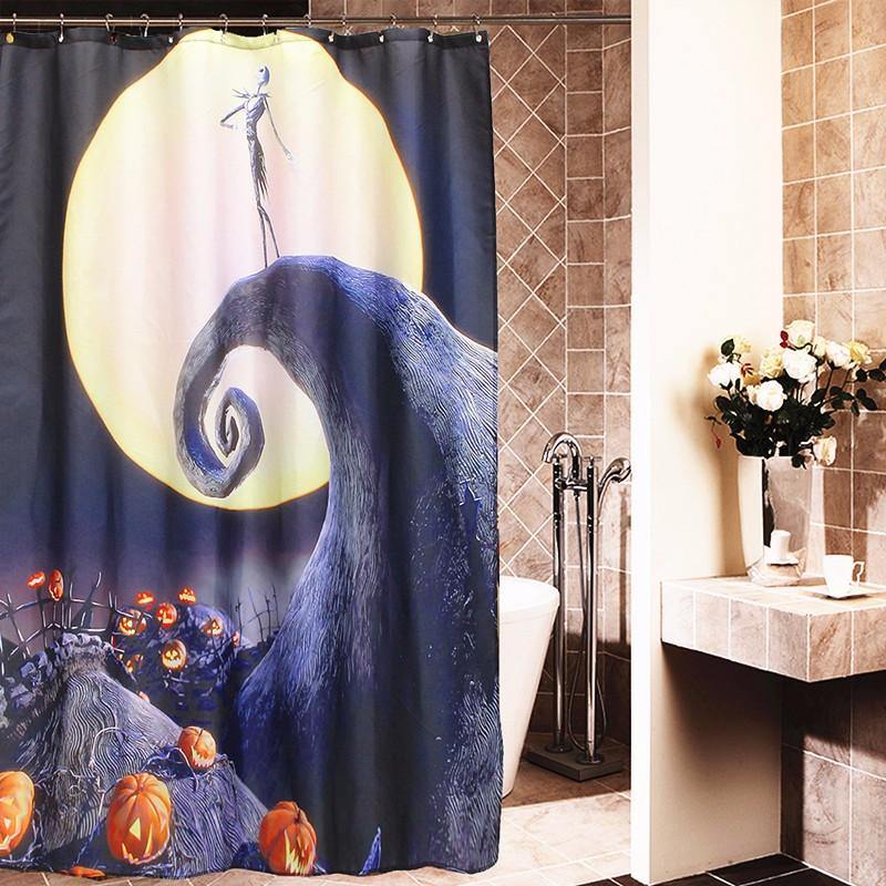 Halloween Nightmare Moon Skull Polyester Shower Curtain Bathroom Decor with 12 Hooks - MRSLM