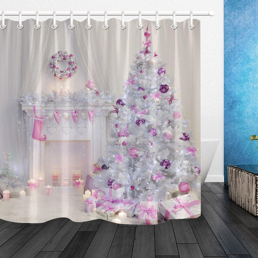 Christmas Tree Interior Xmas Fireplace in Pink Decorated Indoors Shower Curtain Bathroom Sets With Mat Bathroom Fabric For Bathtub Decor - MRSLM