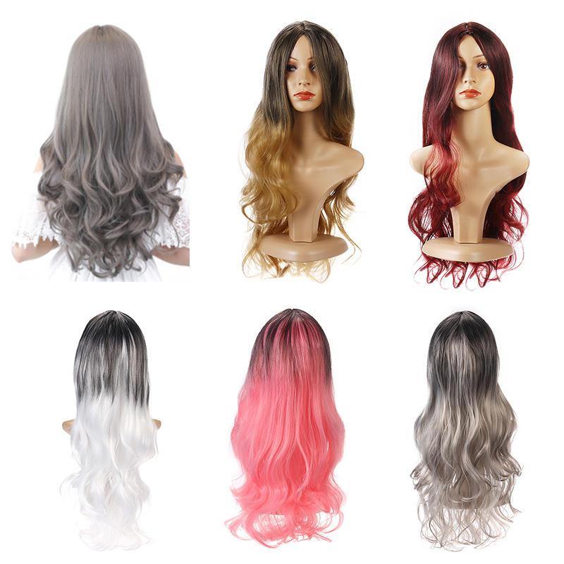 26'' Women Ombre Black Red Full Wig Ladies Long Curly Wavy Wig Hair Cosplay - MRSLM