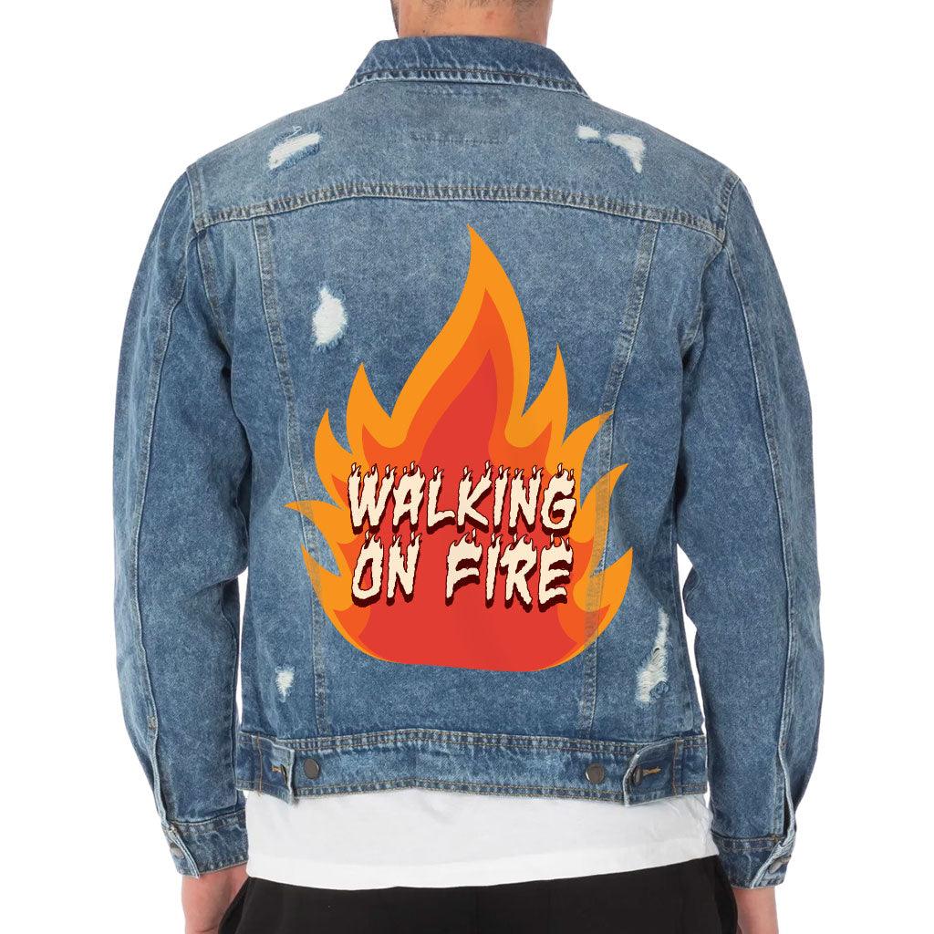 Fire Graphic Men's Distressed Denim Jacket - Cool Design Denim Jacket for Men - Illustration Denim Jacket - MRSLM