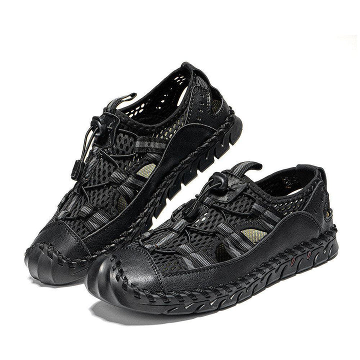 Men Cowhide Leather Hand Stitching Mesh Breathable Soft Bottom Casual Outdoor Sandals - MRSLM