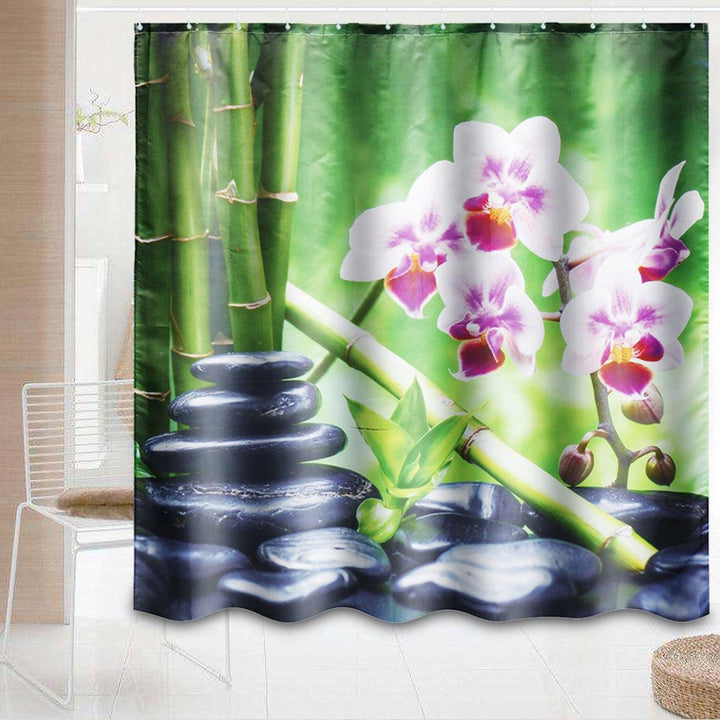 180x180CM Bamboo Pebble Orchid Toilet Rug Mat Bathroom Shower Curtain with Hooks - MRSLM