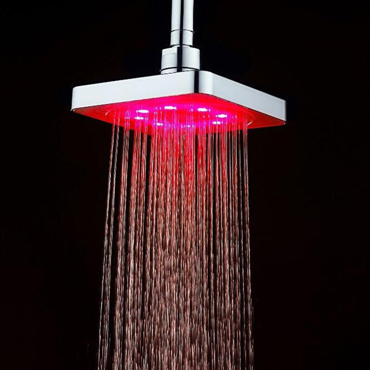 360° Adjustable 6 Inch LED Light Square Rain Shower Head Stainless Steel 3 Color Changing Temperature Control Bathroom Showerhead - MRSLM