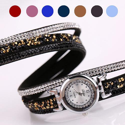 Women Fashion Multilayer Rhinestone Faux Leather Strap Bracelet Wrist Watch - MRSLM