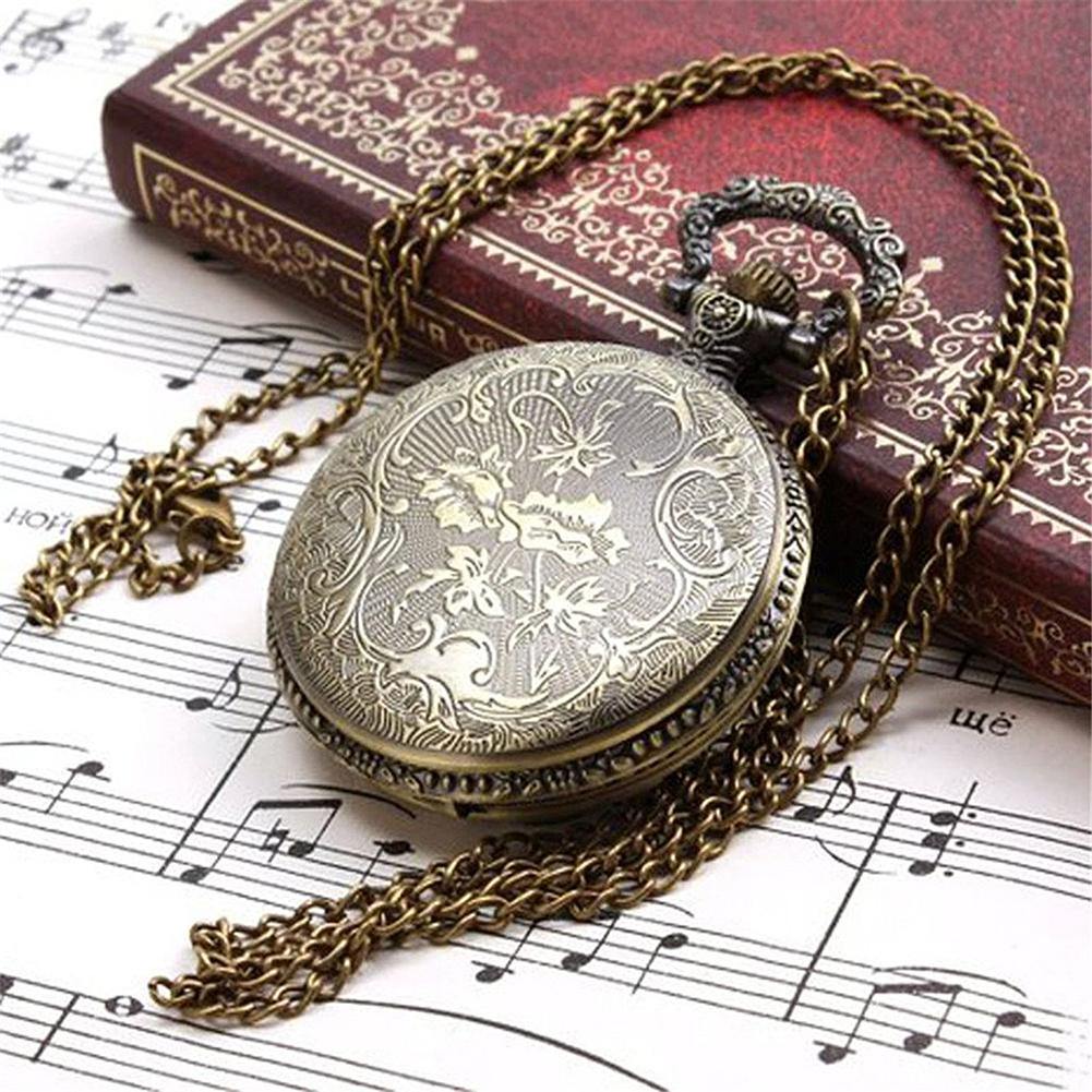 Unisex Antique Case Vintage Brass Rib Chain Train Pattern Quartz Pocket Watch - MRSLM