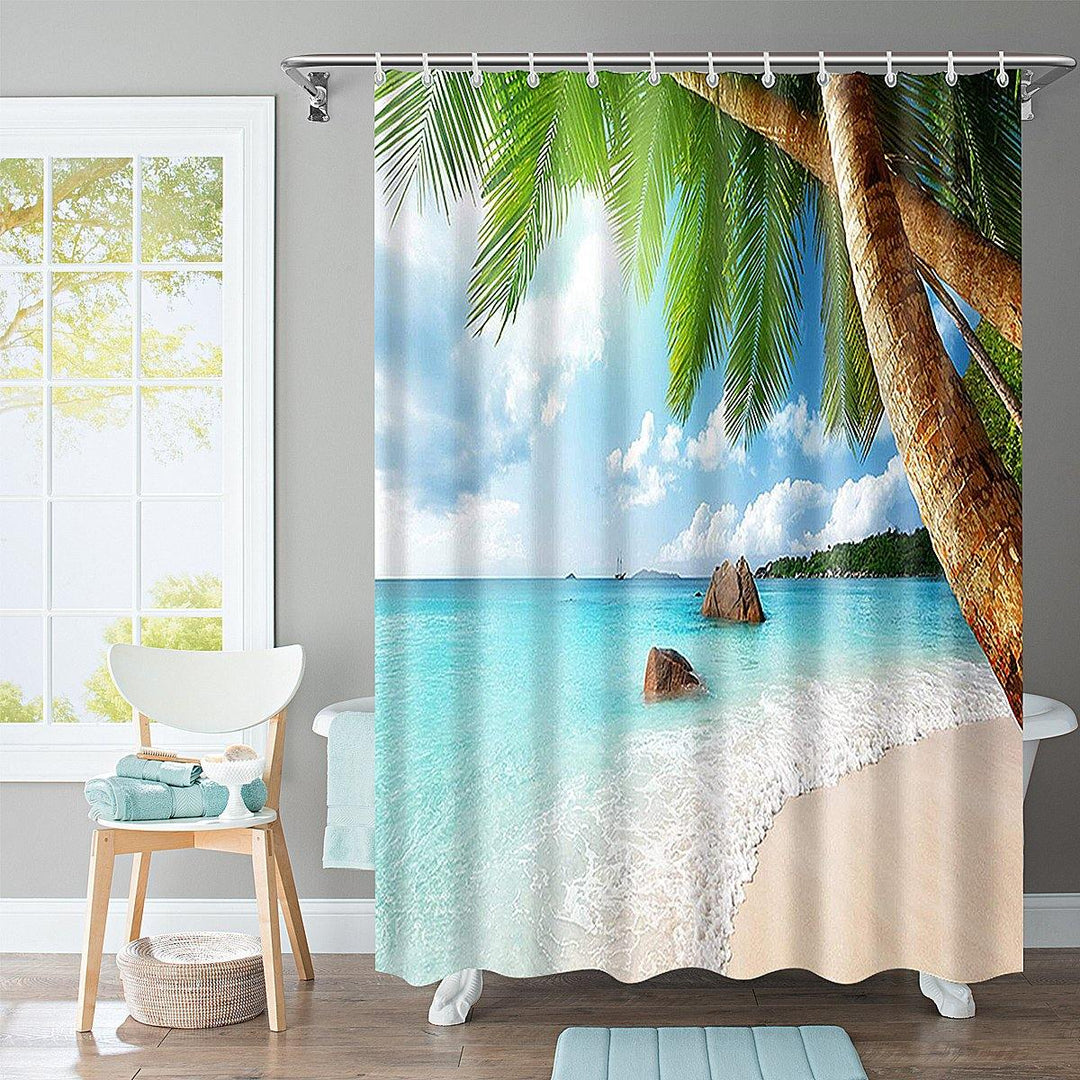 Bathroom Shower Curtain Washroom Tropical Beach Palm Trees 12 Hooks 180*180CM - MRSLM