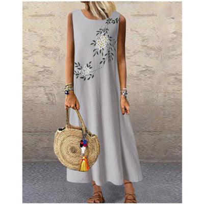 Cotton Linen Round Neck Sleeveless Printed Vest Dress - MRSLM