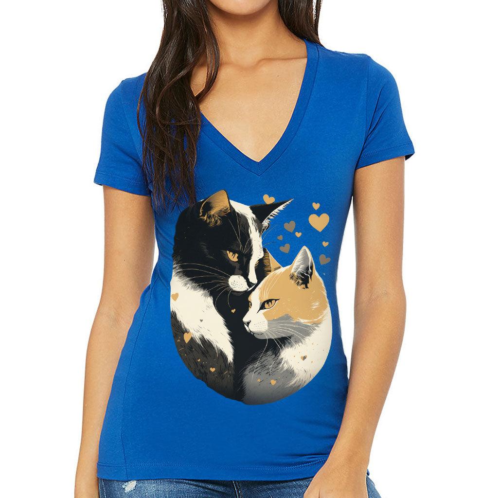 Cat Love Women's V-Neck T-Shirt - Couple Style V-Neck Tee - Printed T-Shirt - MRSLM