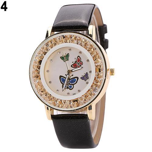 Women Fashion Butterfly Flowing Rhinestone Dial Faux Leather Analog Wrist Watch - MRSLM