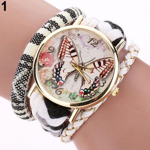 Women Ethnic Style Multilayer Knitted Strap Butterfly Dial Bracelet Quartz Wrist Watch - MRSLM