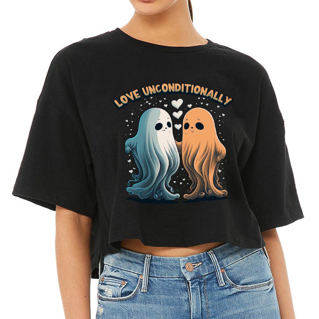 Love Unconditionally Women's Crop Tee Shirt - Ghost Print Cropped T-Shirt - Graphic Crop Top - MRSLM