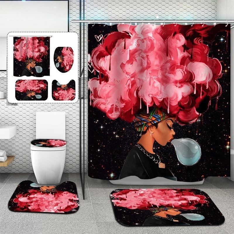 African Girl Bathroom Shower Curtain Soft Non-slip Bathroom Carpets Rugs Bath Mat Toilet Seat Cover - MRSLM