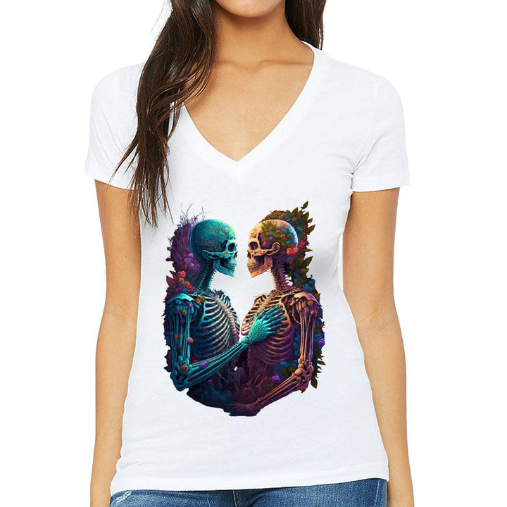 Skeleton Couple Women's V-Neck T-Shirt - Floral V-Neck Tee - Printed T-Shirt - MRSLM