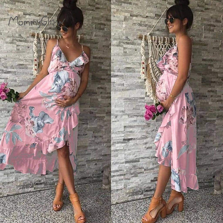 Elegant Maternity Dress Floral Printed Ruffles Sundress