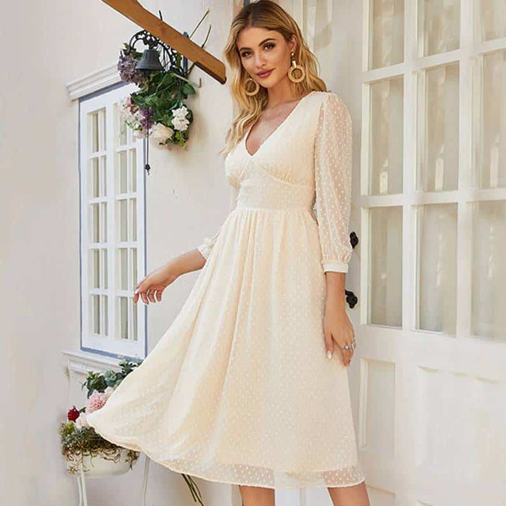 Elegant V-Neck Chiffon Midi Dress for Women