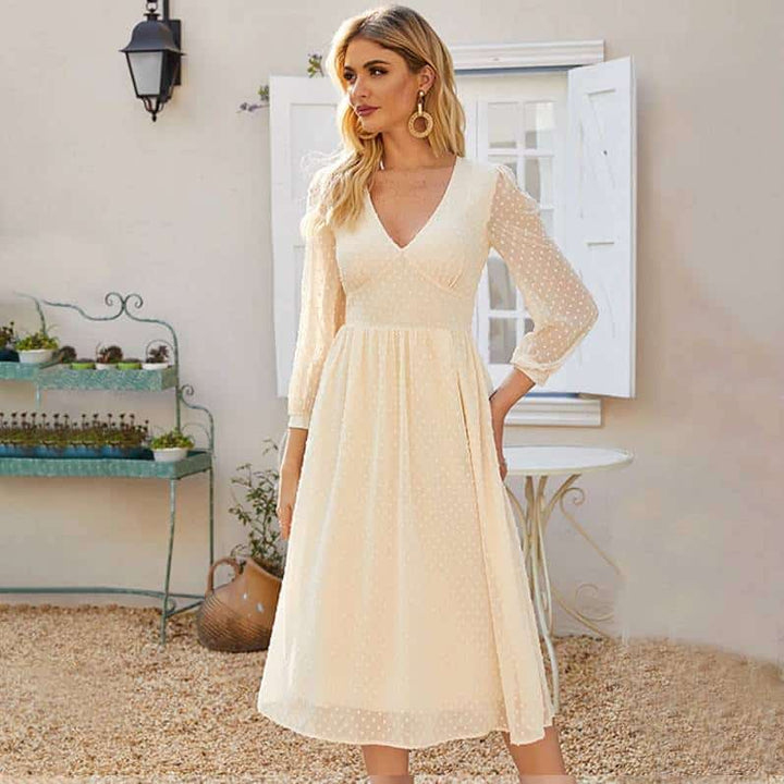 Elegant V-Neck Chiffon Midi Dress for Women