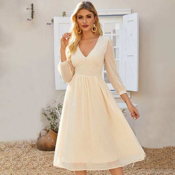 Elegant V-Neck Chiffon Midi Dress for Women