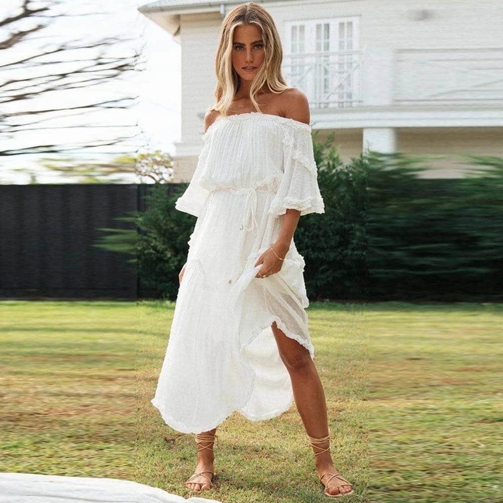 Freedom White Off shoulder Midi Dress for Women