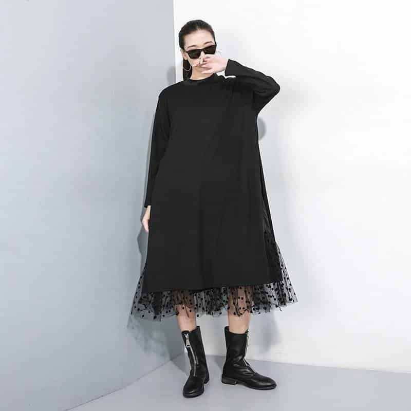 Women's Black Mesh Split Joint Dress with Stand Collar