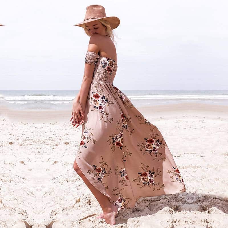 Women's Boho Off Shoulder Dress With Floral Print