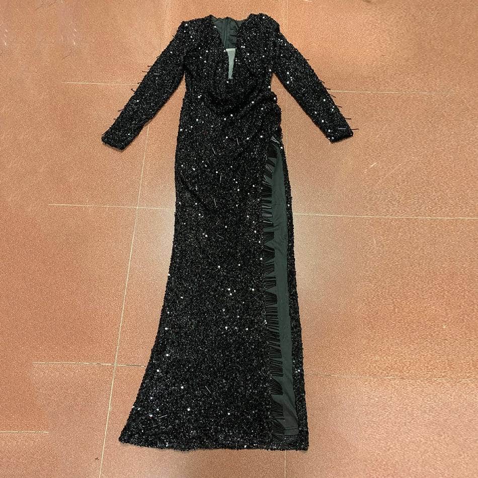 Women's Long Sleeved V-Neck Sequin Party Dress