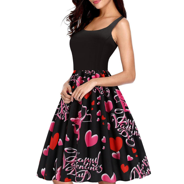 Valentines Day Temperament Stitching Heart Shaped Print Swing Dress - MRSLM