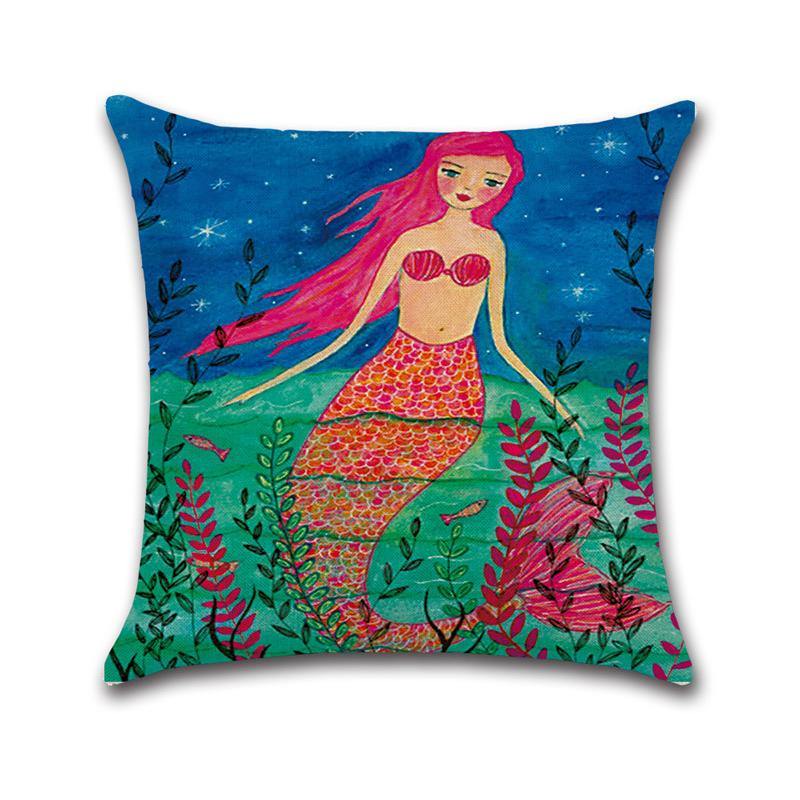 Mermaid Printed Cotton Linen Cushion Cover Square Home Decor Soft Comfortable Pillow Case - MRSLM