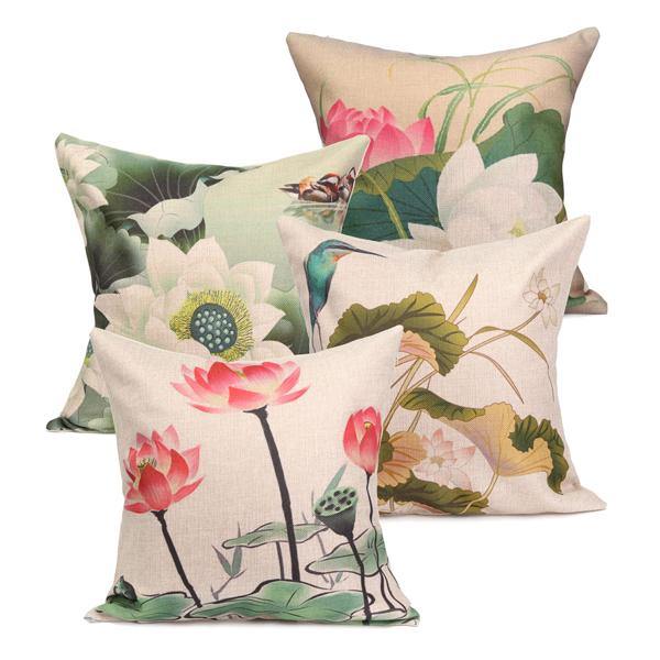 Chinese Ink Lotus Series Throw Pillow Case Cotton Linen Cushion Cover Home Sofa Decor - MRSLM