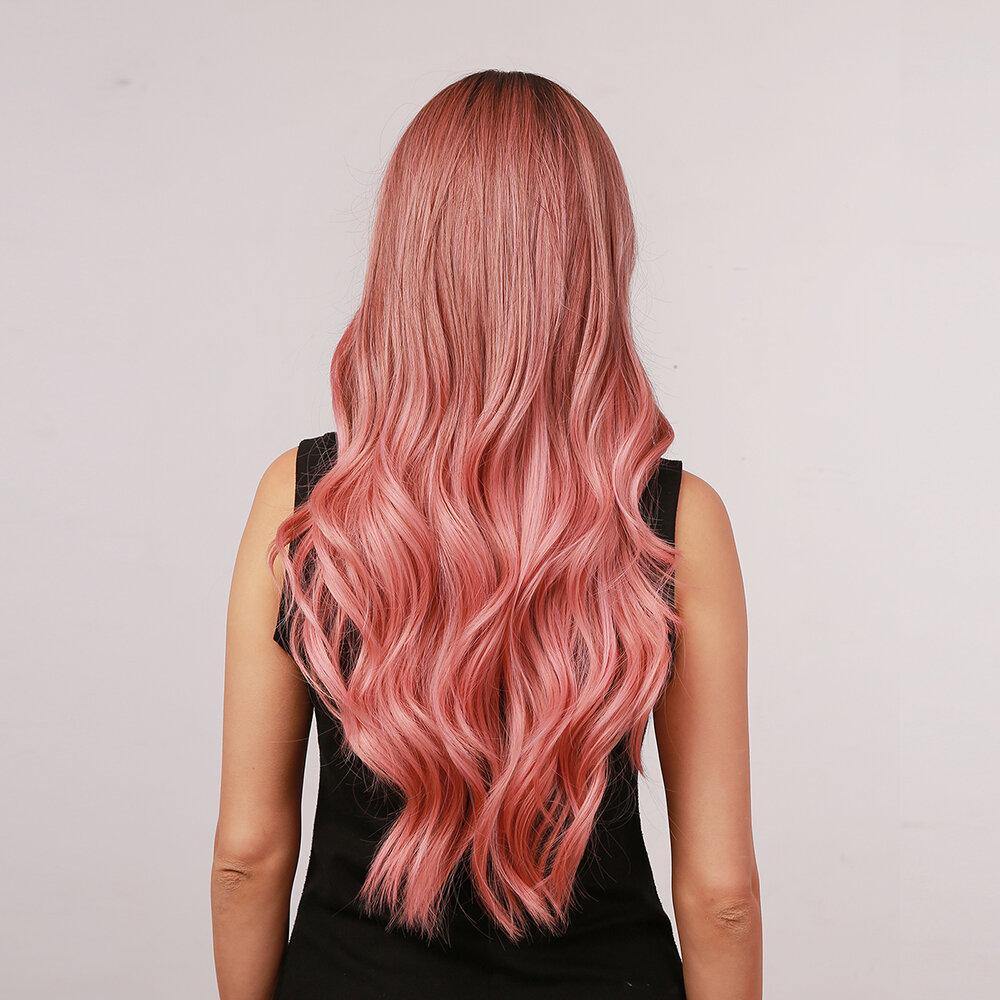 28 Inch Brown Gradient Pink Big Wave Length Curly Hair Air Bangs Christmas Full Head Cover Wig - MRSLM