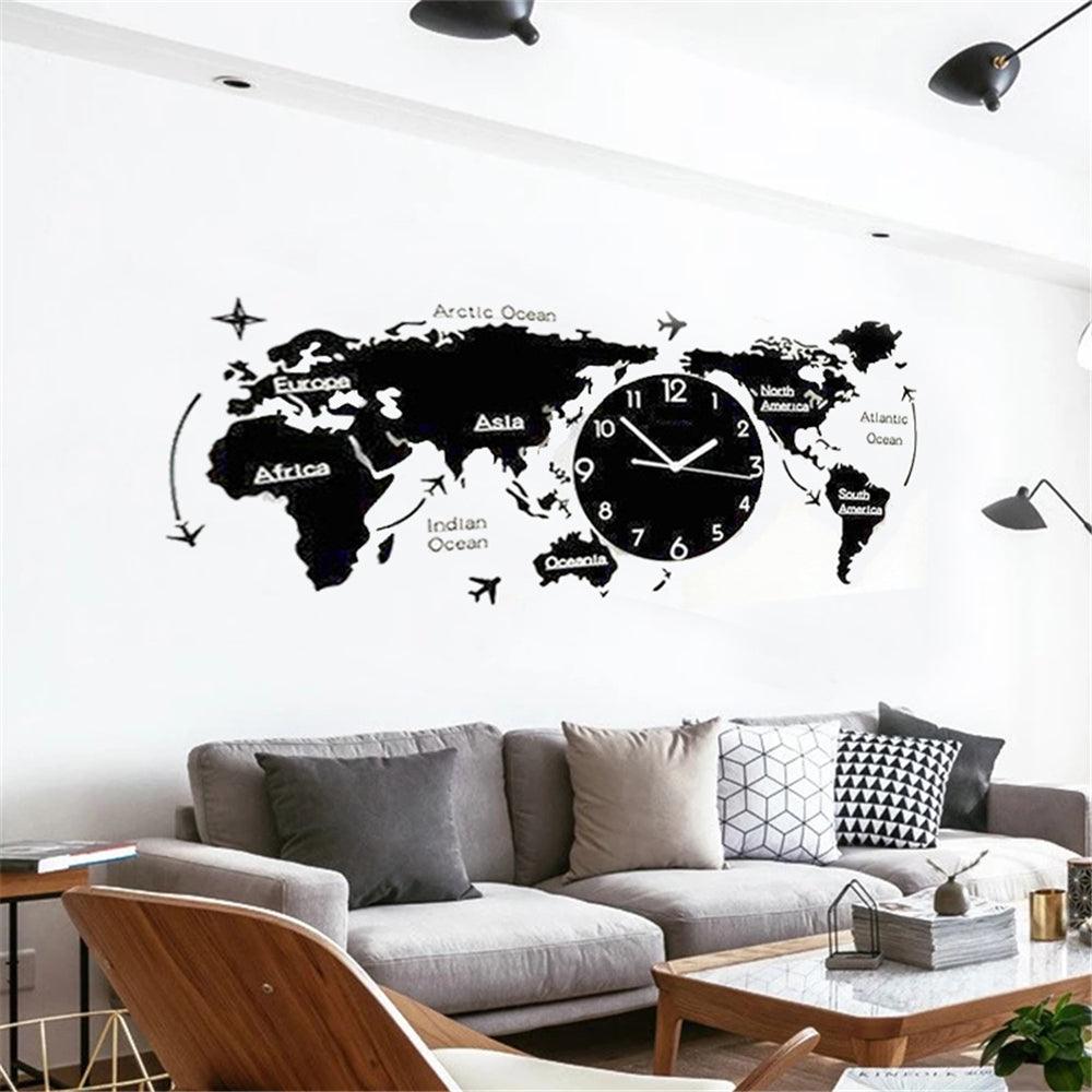 3D Wall Stickers World Map Clock 30*14 cm Living Room Home Bedroom Acrylic Decorative Personality Wall Clock - MRSLM