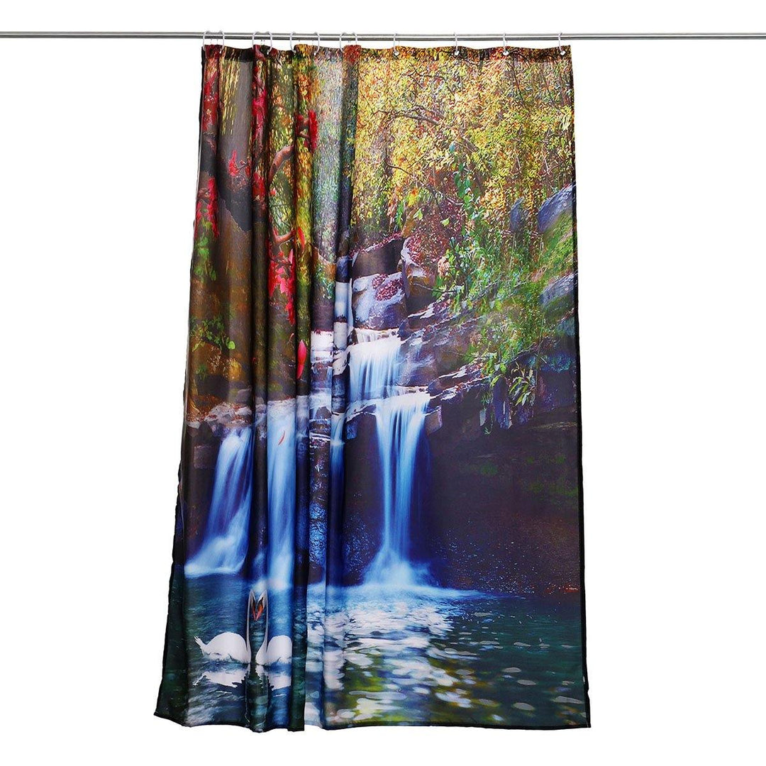 180x180cm Swans Flowers Cascade Waterproof Shower Curtain with 12pcs C-type Hooks Bathroom Set - MRSLM