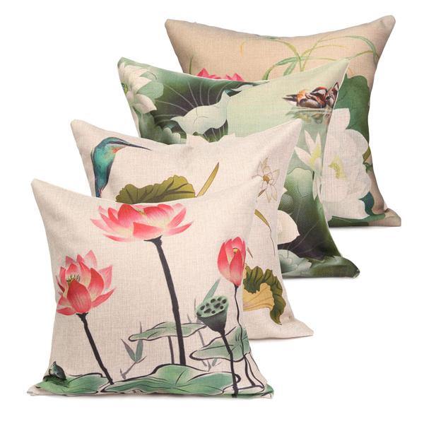 Chinese Ink Lotus Series Throw Pillow Case Cotton Linen Cushion Cover Home Sofa Decor - MRSLM