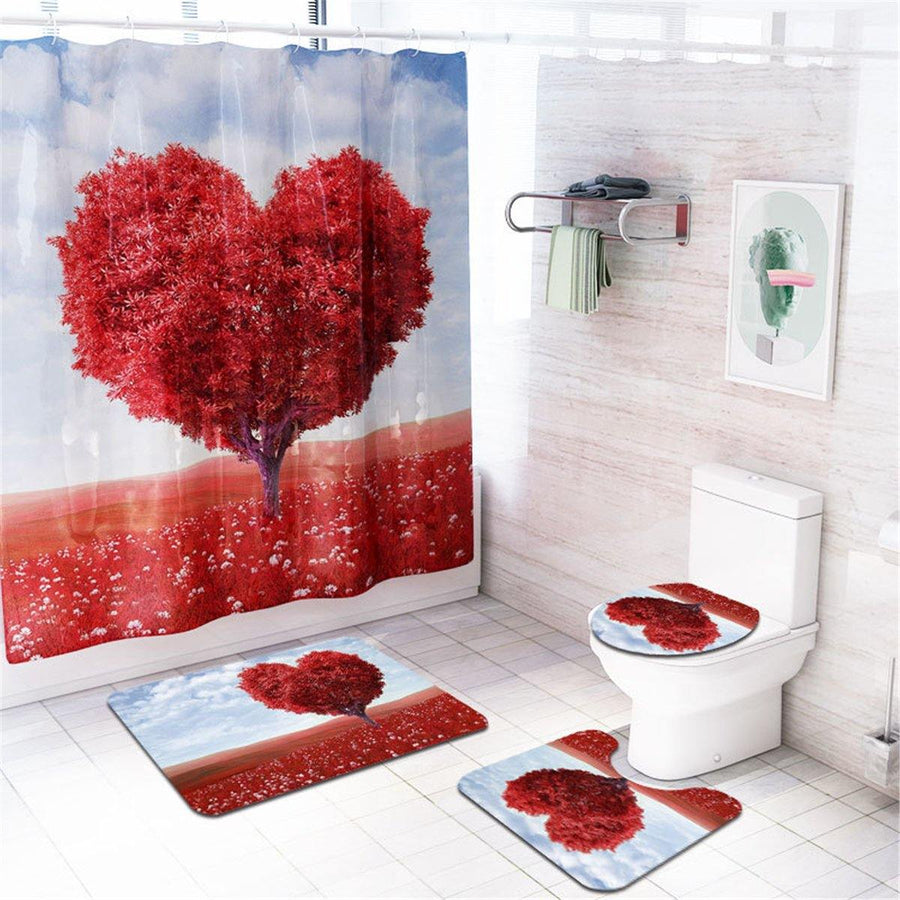 Heart Tree Waterproof Bathroom Shower Curtain Panel Floor Mat Toilet Seat Cover - MRSLM