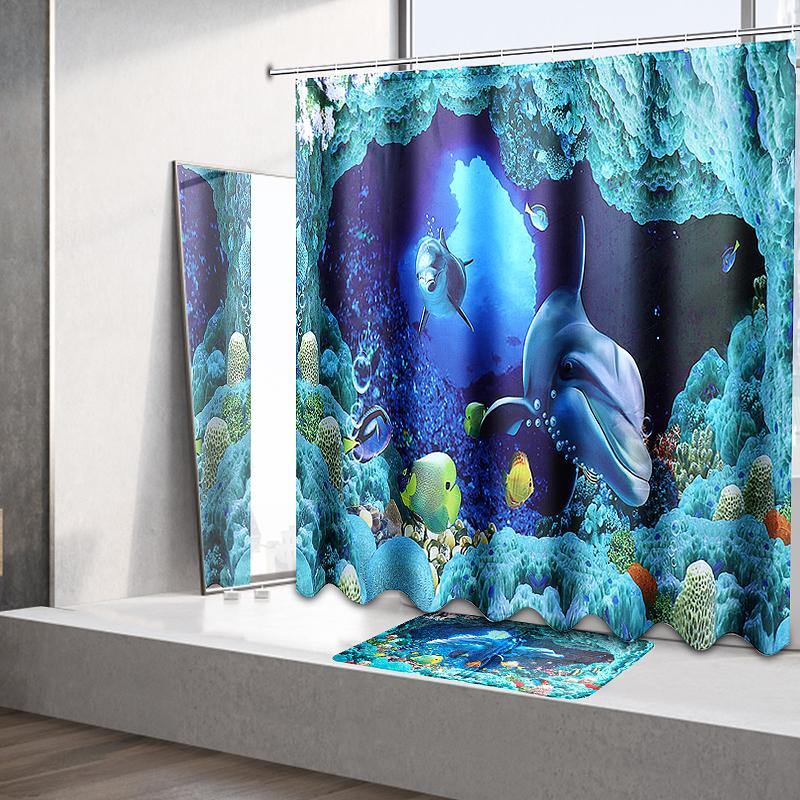 180x180cm Blue Dolphin Deep Sea Waterproof Bathroom Shower Curtain with 12 Hooks - MRSLM