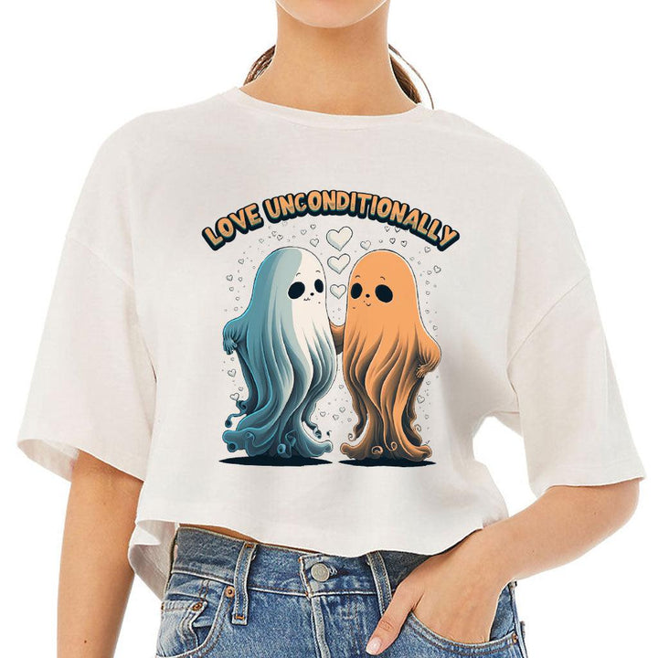 Love Unconditionally Women's Crop Tee Shirt - Ghost Print Cropped T-Shirt - Graphic Crop Top - MRSLM