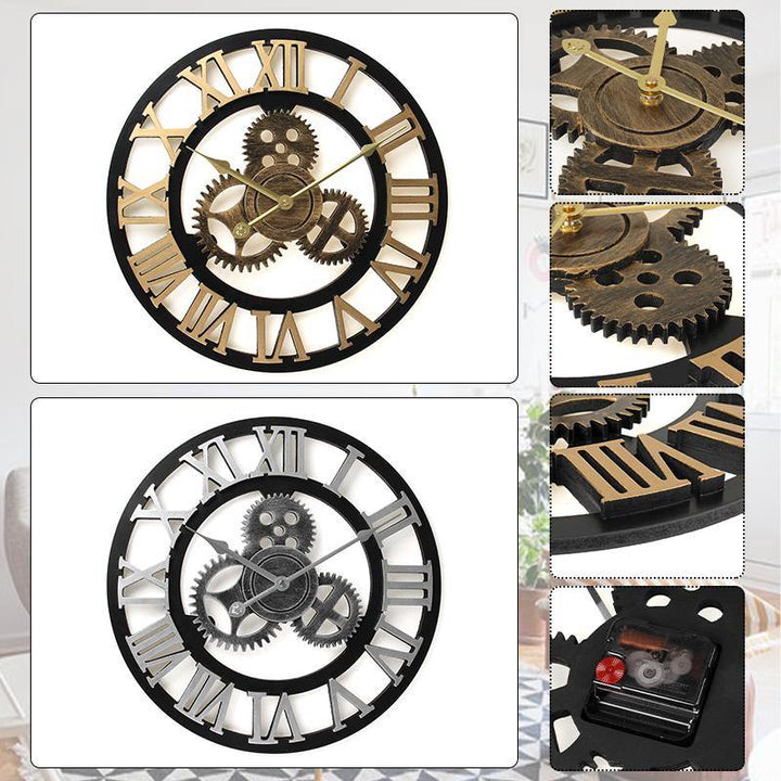 40cm Diameter Wooden Mute Wall Clock Retro Gear Decoration Creative Wall Clock - MRSLM