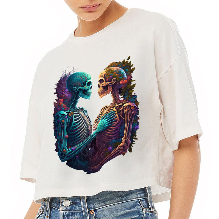 Skeleton Couple Women's Crop Tee Shirt - Floral Cropped T-Shirt - Printed Crop Top - MRSLM