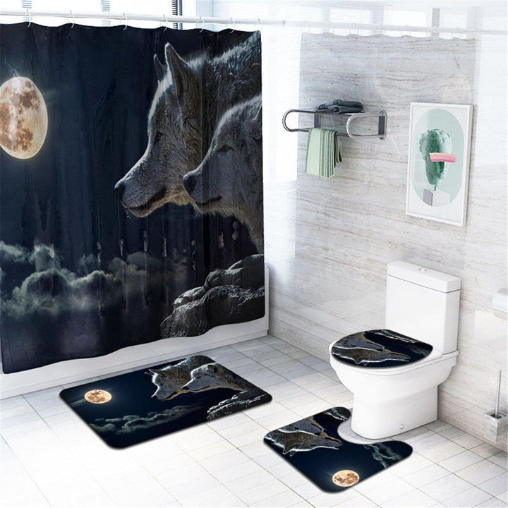 4 Pcs Wolf Bathroom Bath Mat Set Rugs Toilet Lid Cover Shower Curtain Waterproof - MRSLM