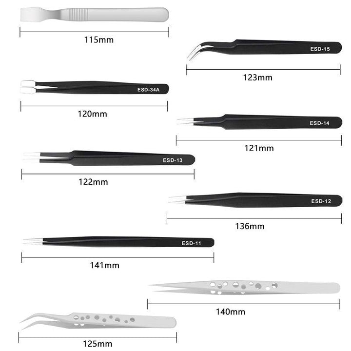 Handskit 9Pcs Tweezers Set Stainless Steel Anti-static Precision Tweezers for Electronic Mobile Phone Repair Tools Hand Tools - MRSLM