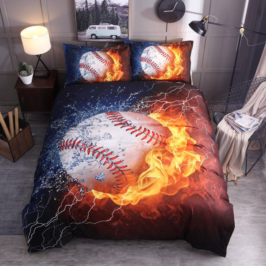 3PCS Bedding Sets Bedclothes Baseball Print Quilt Duvet Cover Pillowcase Decor - MRSLM