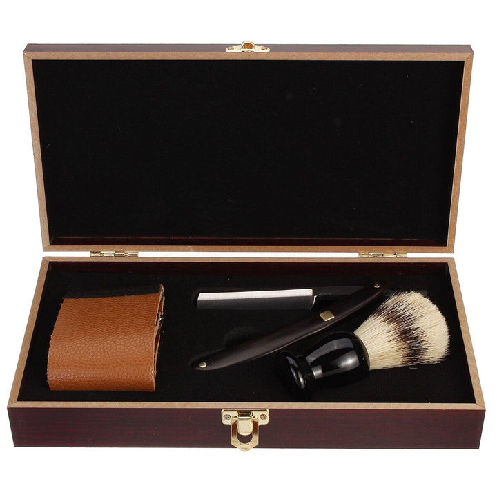 Barber Shaving Kit Set Straight Razor Shaving Brush Strop Wooden Box - MRSLM