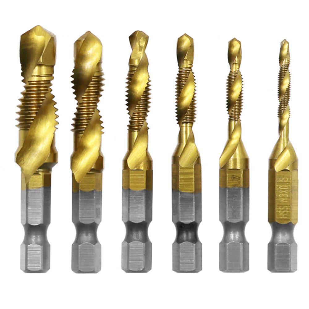 6Pcs 1/4 Inch M3-M10 Screw Tap HSS Combination Drill Tap Bit Set Hex Shank Deburr Countersink Bits - MRSLM