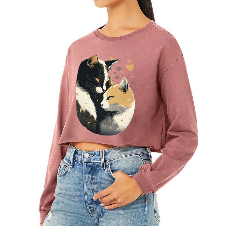 Cat Love Cropped Long Sleeve T-Shirt - Couple Style Women's T-Shirt - Printed Long Sleeve Tee - MRSLM