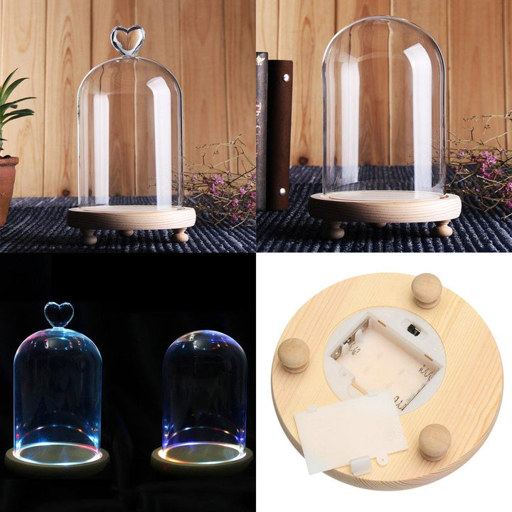 Clear Glass Display Flower Dome Bell Jar Cloche Wooden Base With LED Light Room Decorations - MRSLM